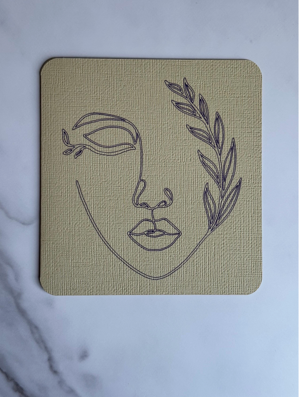 Elegant Minimalist Line Art Greeting Card – Serene Face with Laurel Design